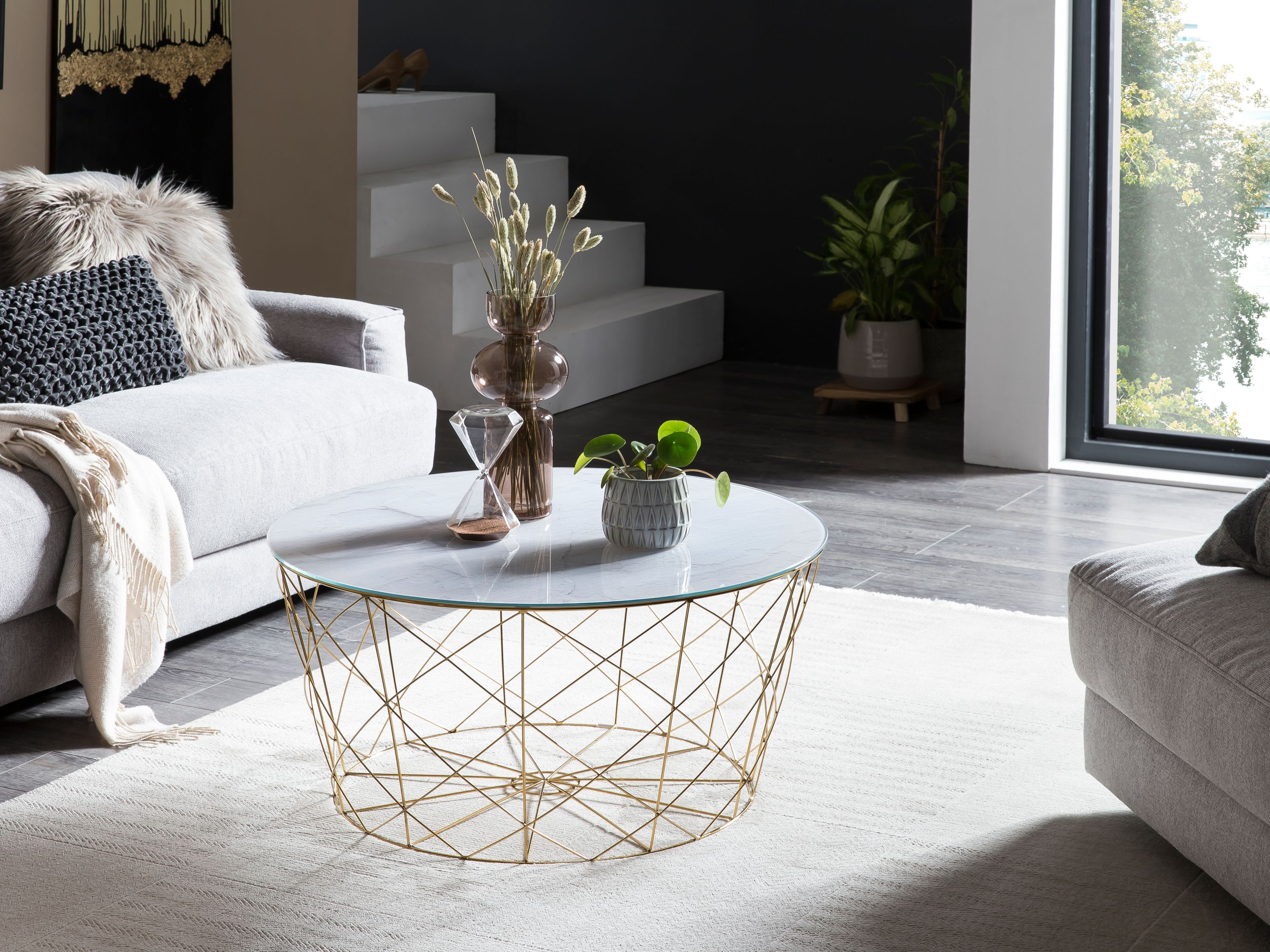 Couchtisch Ø80cm Marmor Optik Glastisch Sofatisch Beistelltisch Wohnzimmer Tisch