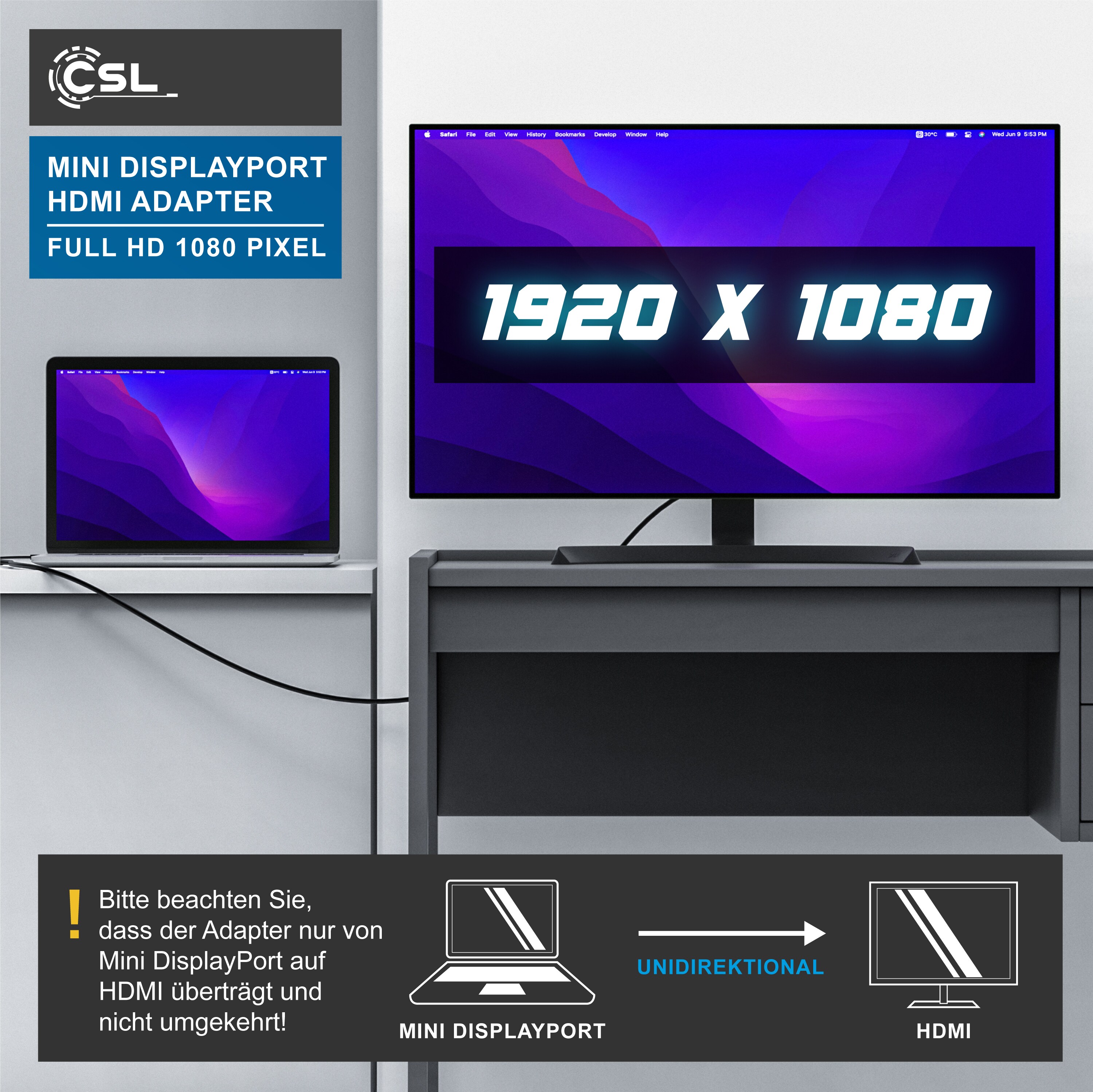 CSL Mini DisplayPort zu HDMI Adapter, Full HD MiniDP zu HDMI Buchse Konverter / Adapterkabe