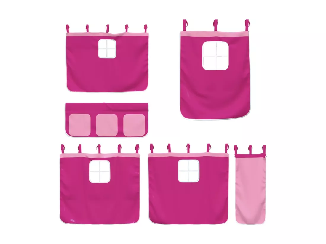 Lit mezzanine enfants et rideaux rose 80x200cm bois pin massif