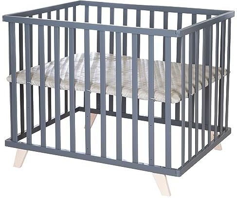roba Box 75 x 100 cm hout antraciet - box voor baby's incl. beschermende voering Greyish gewatteerd - in hoogte verstelbaar - poten van massief hout
