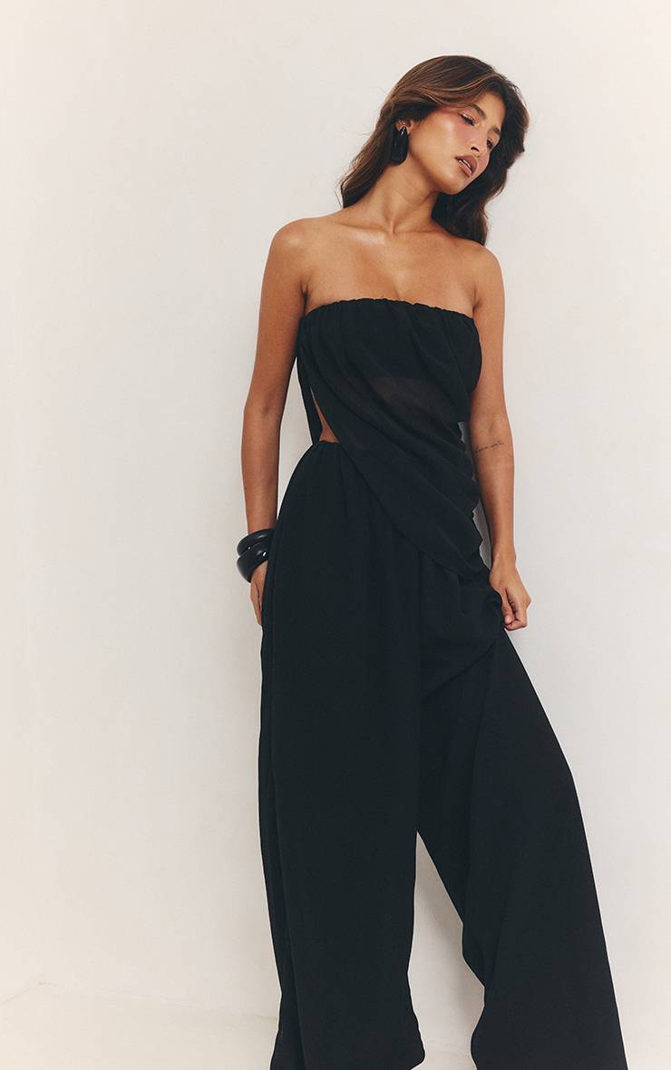 Noir Pantalon Large En Mousseline Taille Élastique Ensemble Coordonné