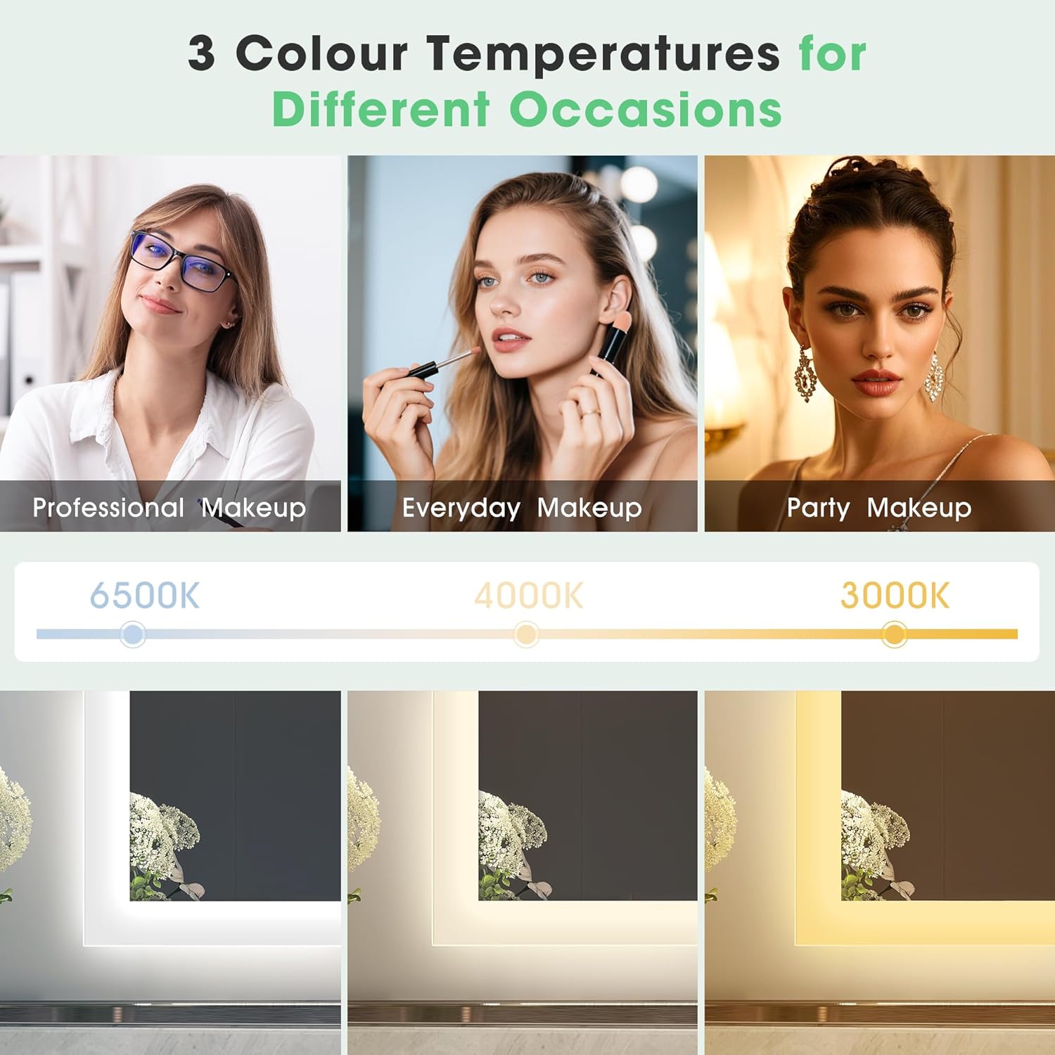 S'bagno Badezimmer-Spiegel-mit-Beleuchtung 80x80cm, LED-Badspiegel-mit-Beleuchtung, Bluetooth, Entfoggen, 3 Farben, Dimmbar, Speicherfunktion, Gehärtetes Glas, IP44 Wasserdicht, Horizontal/Vertikal