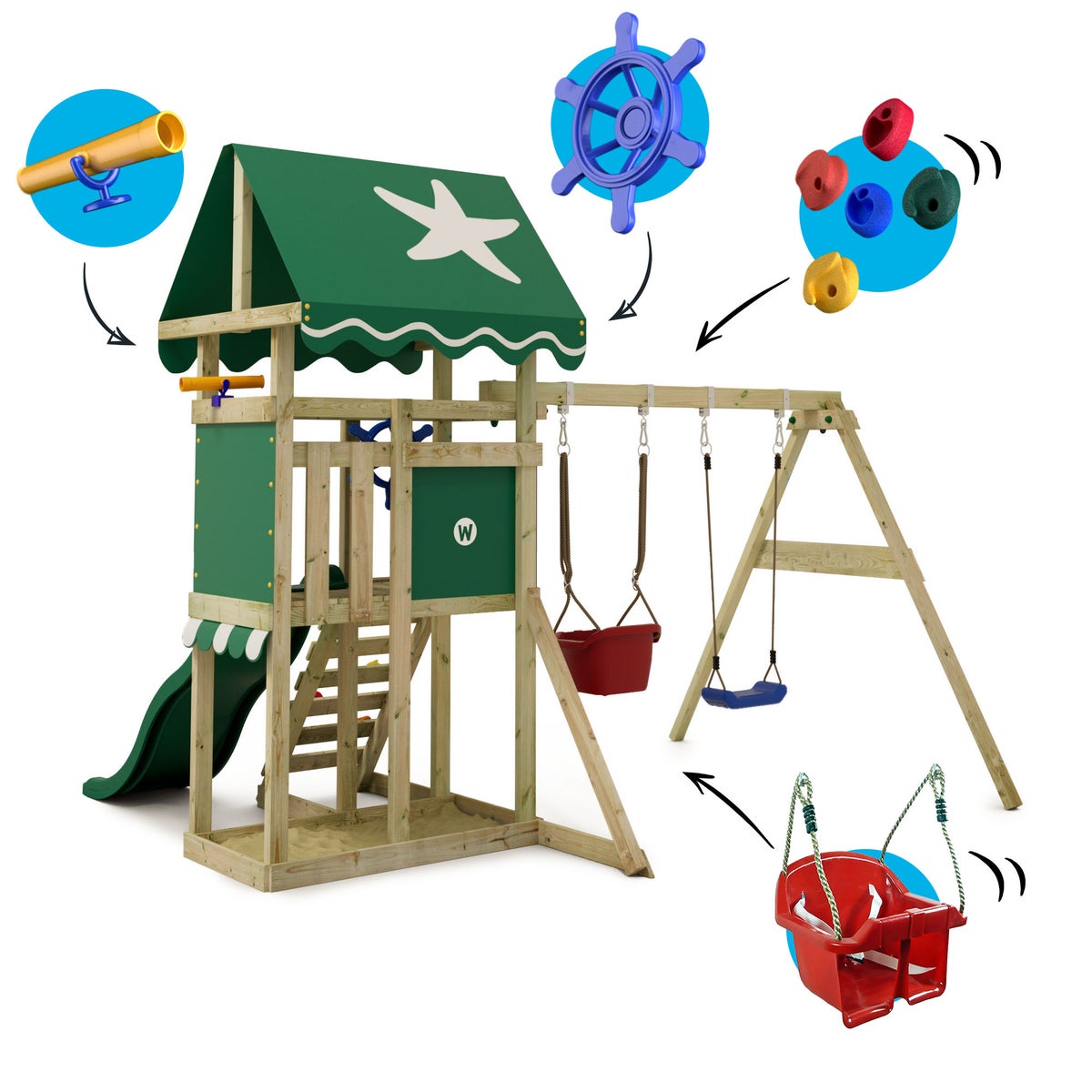 WICKEY DinkyStar Speeltoren Klimrek met Schommel en Glijbaan, Klimtoren met Zandbak, Ladder en Speelaccessoires – Groen