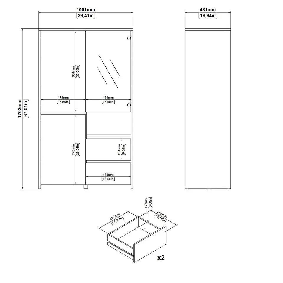 Hioshop Next vitrinekast 3 deuren- 2 lades- 1 plank eiken decor- wit hoogglans