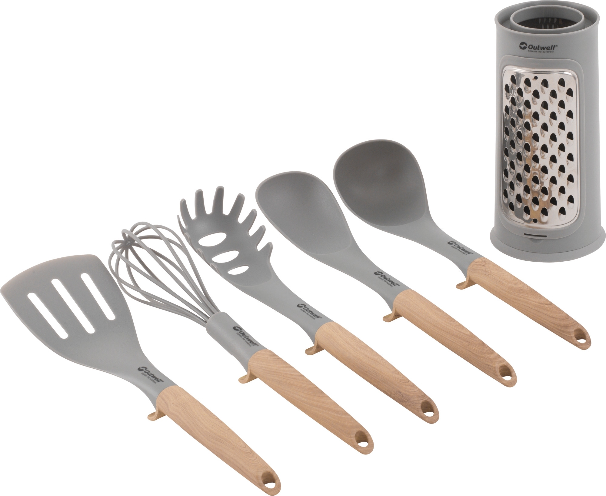 Outwell Küchenutensilien-Set Adana 6-teilig bestehend aus Pasta-Löffel / Schneebesen / Spatel / Servierlöffel / Schöpflöffel / Reibe
