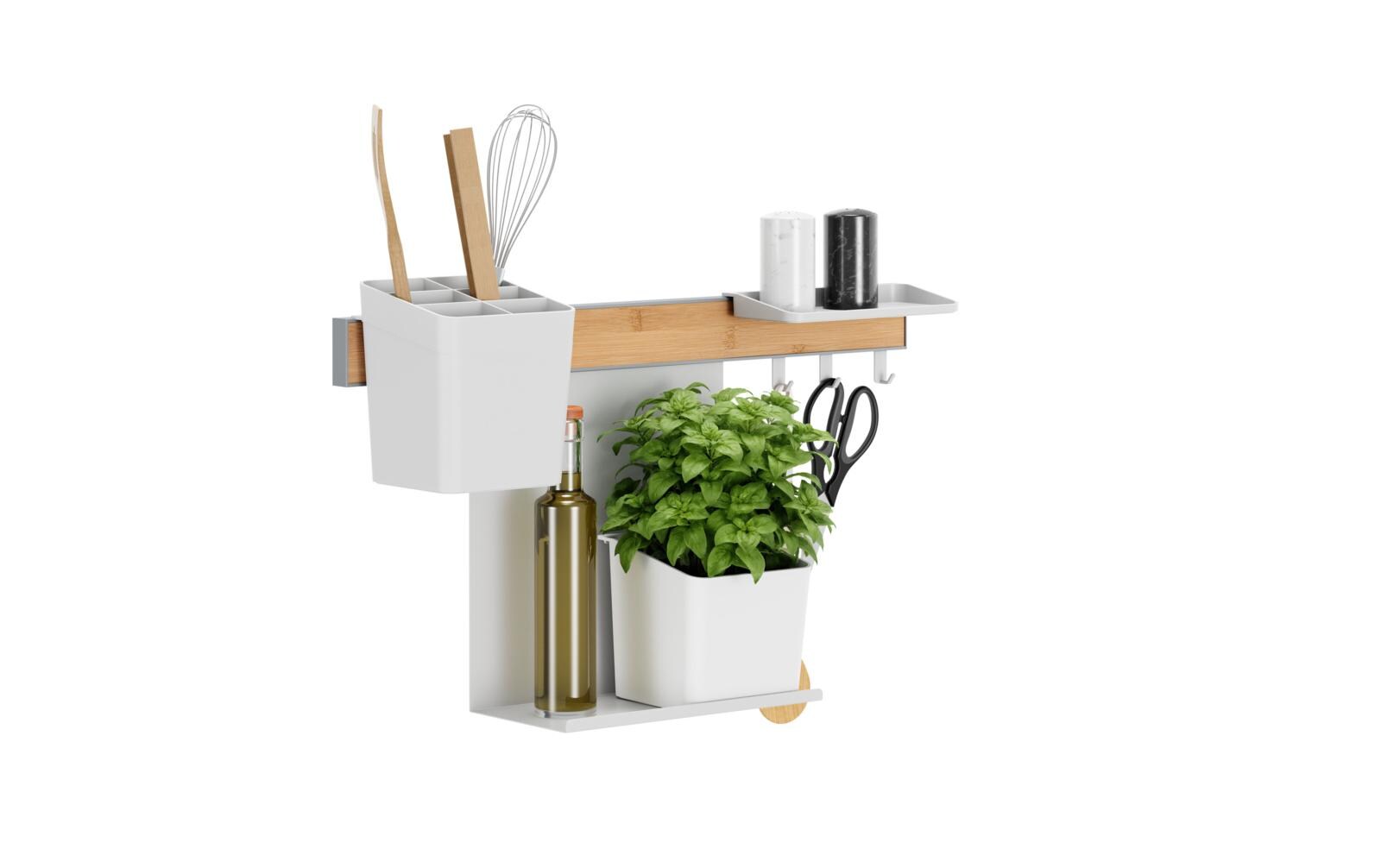 Kombi Set M Bambus/Weiss<br>Selbstklebende Leiste mit Topf, Ablagen, Utensilienbox und Haken