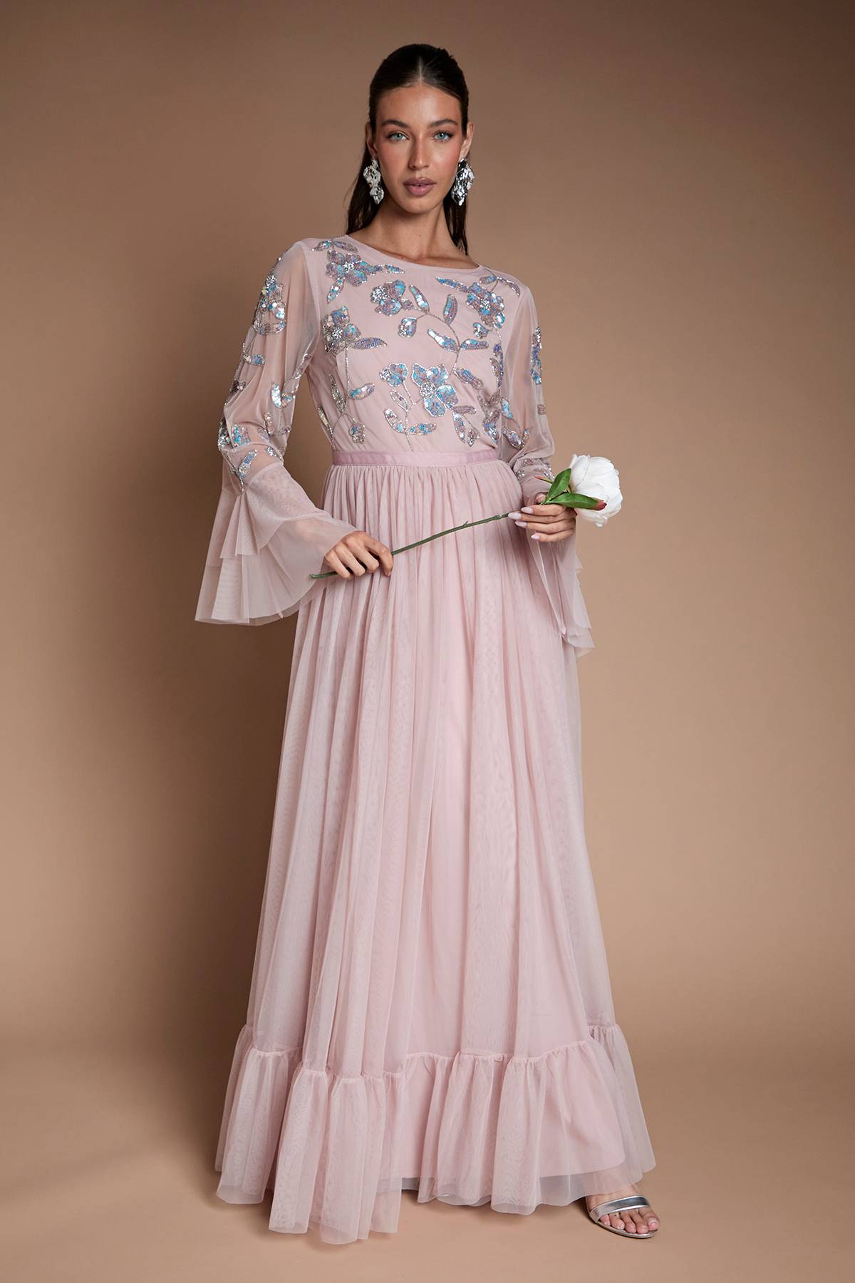Coast Robe De Demoiselle D'honneur Longue En Tulle À Paillettes Avec Manches Longues Et Volants