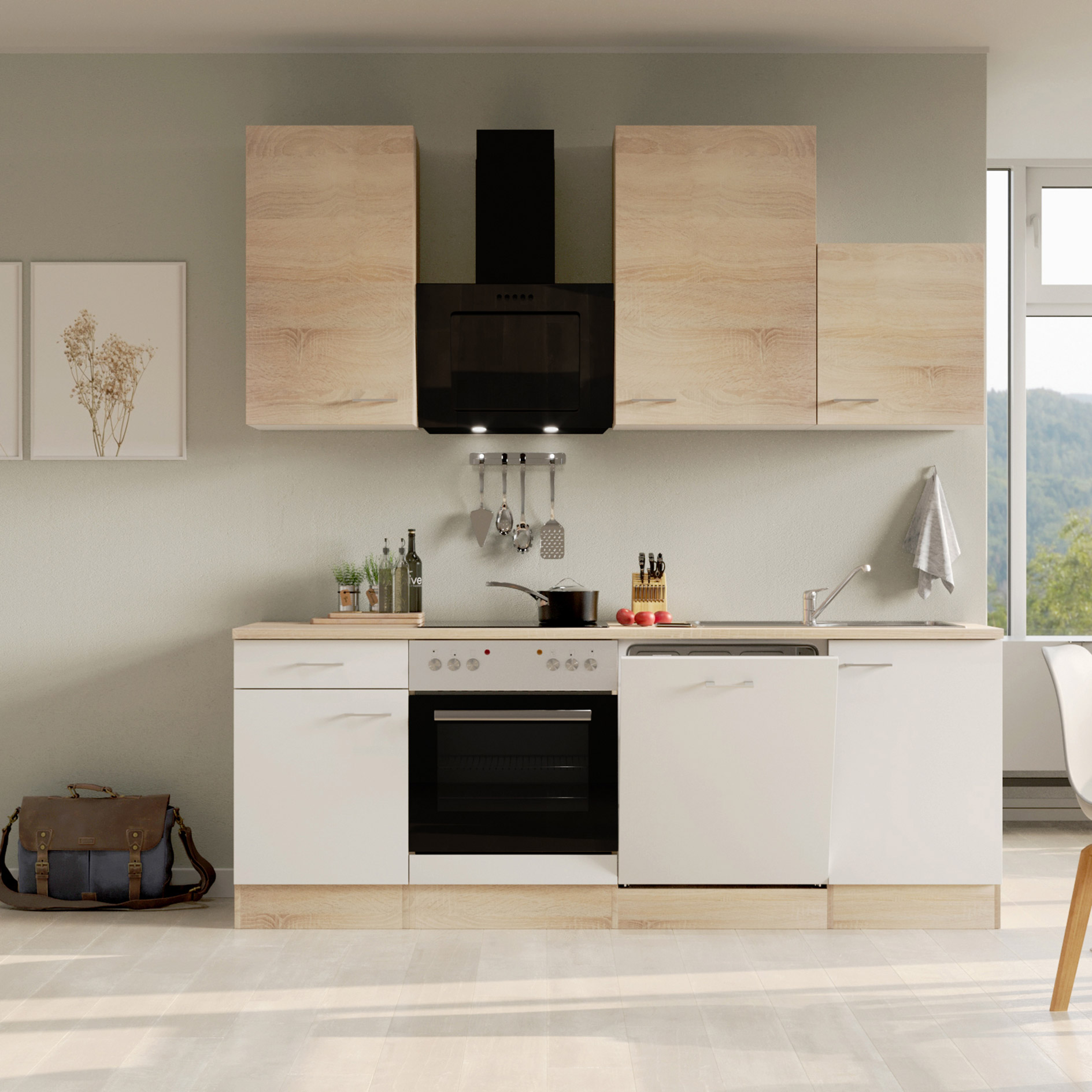 Küchenblock SAMOA - weiß - Sonoma Eiche - mit E-Geräten - 220 cm