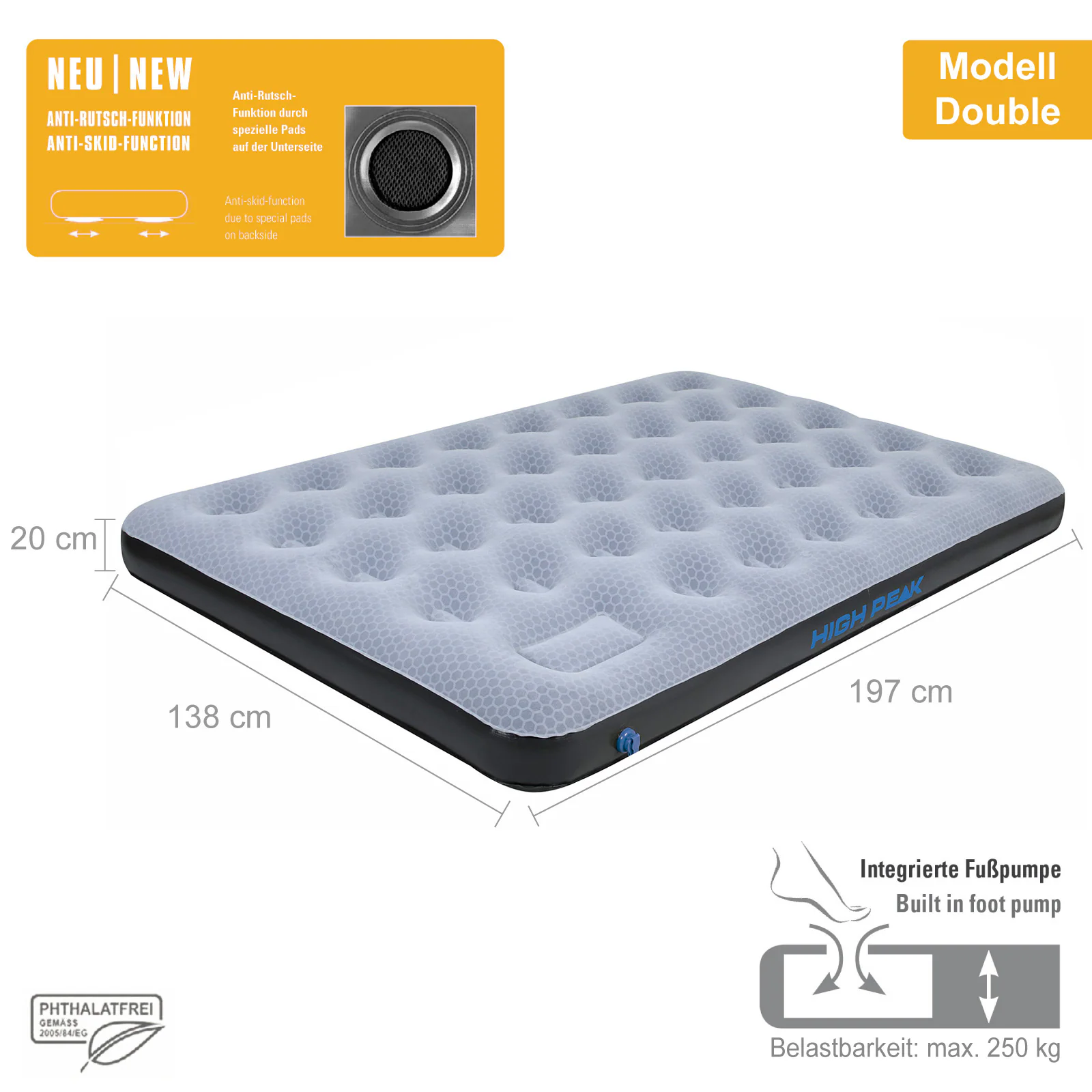HIGH PEAK Luftbett Comfort Plus - Luftmatratze Camping Gästebett Isomatte Pumpe Größe: Single