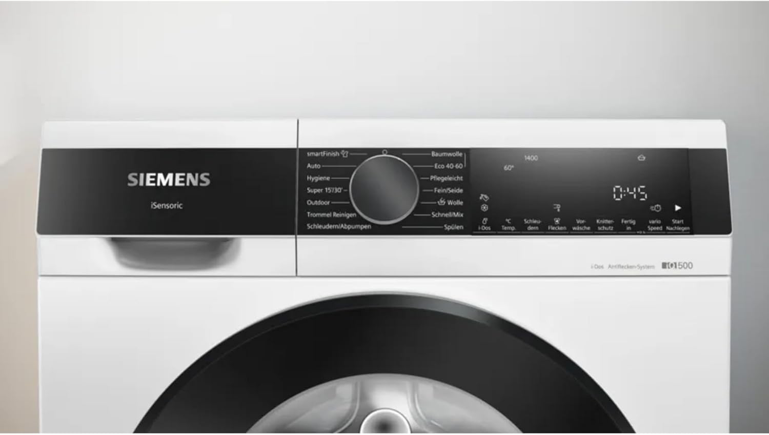 Siemens WG44G2F41, iQ500, Waschmaschine 9 kg, 1400 UpM, automatische Fleckenentfernung, weniger Bügeln mit smartFinish, varioSpeed für schnelles Waschen, i-Dos, Nachlegefunktion, aquaStop, Weiß