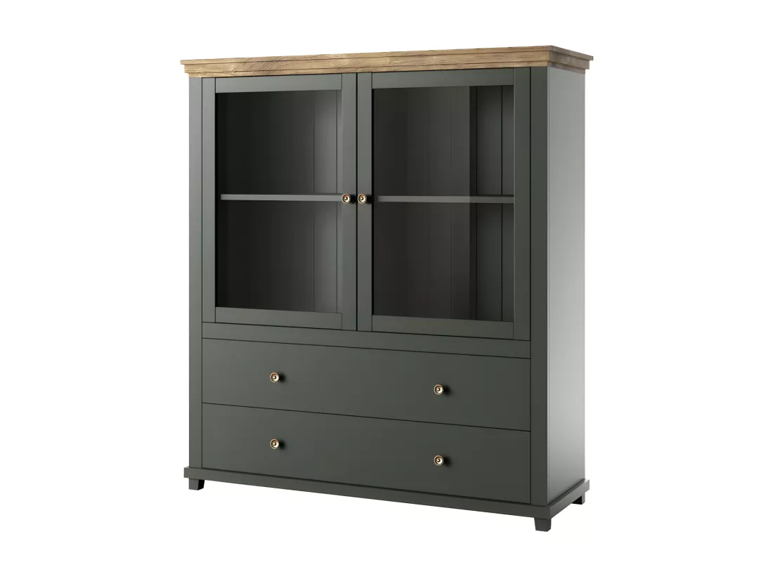 Vaisselier avec LED intégrées collection ASSIA. Coloris vert et chêne. 2 Portes et 2 Tiroirs