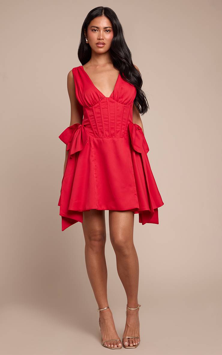 Rouge Robe Droite Tissée À Détail Nœud