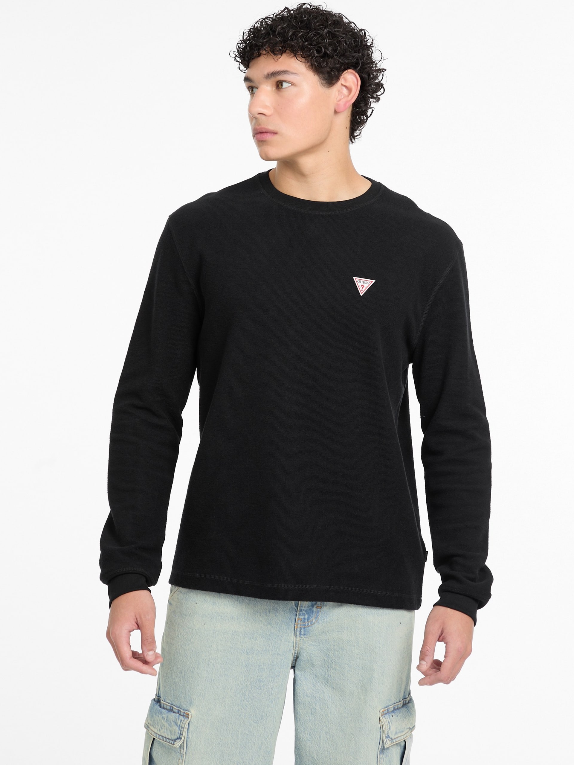 Camiseta de manga comprida com estampa de mini triângulos em malha waffle