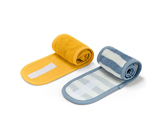 2 Kosmetik-Stirnbänder, gelb und weiß-blau gestreift