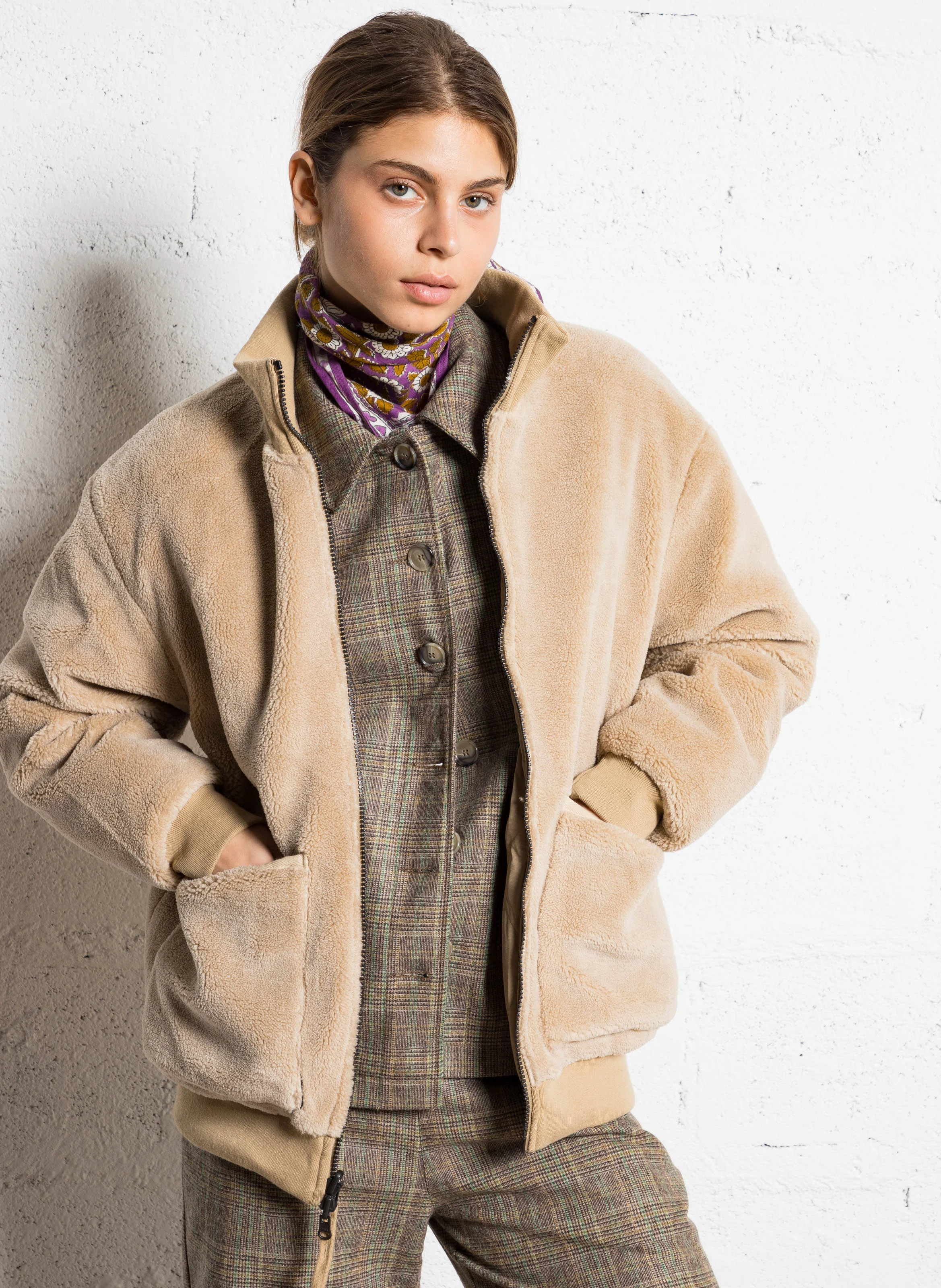 Veste droite réversible col montant | Beige