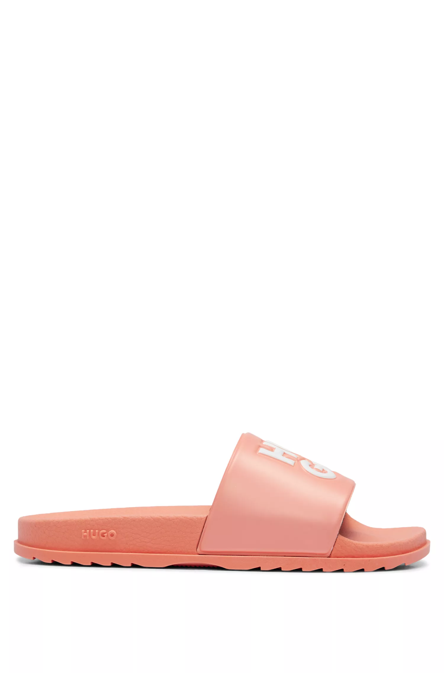 Chinelo HUGO vermelho, fabricado na Itália, com logotipo contrastante em camadas.