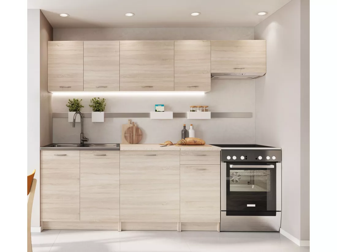 Cuisine complète Mila 7 éléments couleur chêne sonoma avec plan de travail inclus - Longueur 180/240 cm