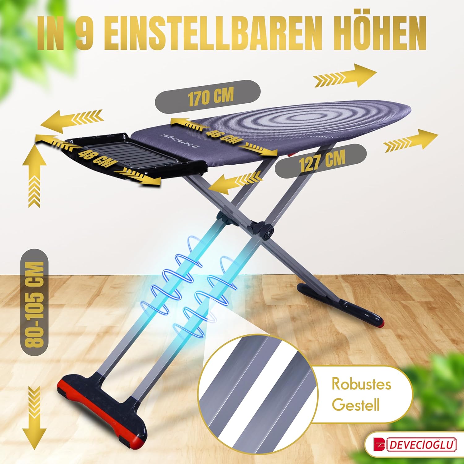 DEVECIOĞLU Bügelbrett 127x46cm - XL Bügeltisch für Dampfbügelstation, Bügelbrett Groß, klappbarer Bügeltisch, höhenverstellbar, Ironing Board, (MM126)