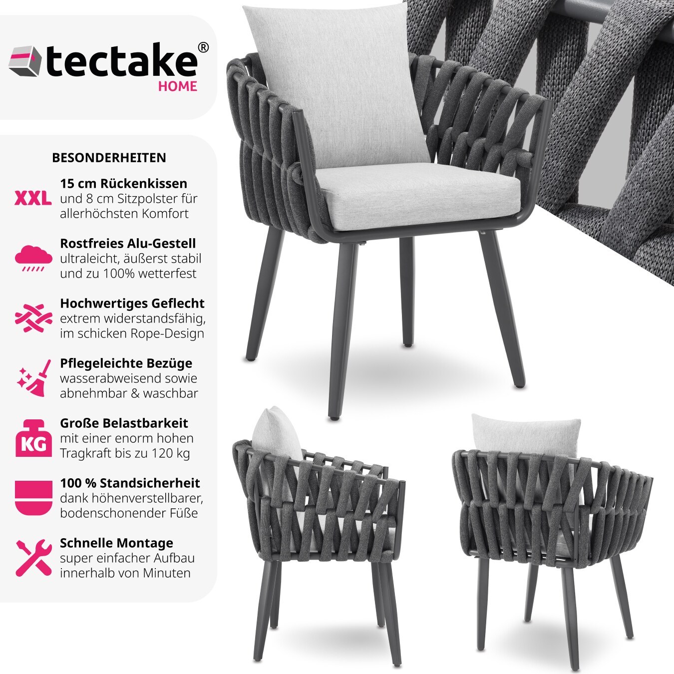tectake® Stuhl, mit Aluminiumgestell, im Rope-Design, höhenverstellbare Kunststofffüße, 61 x 60 x 73 cm
