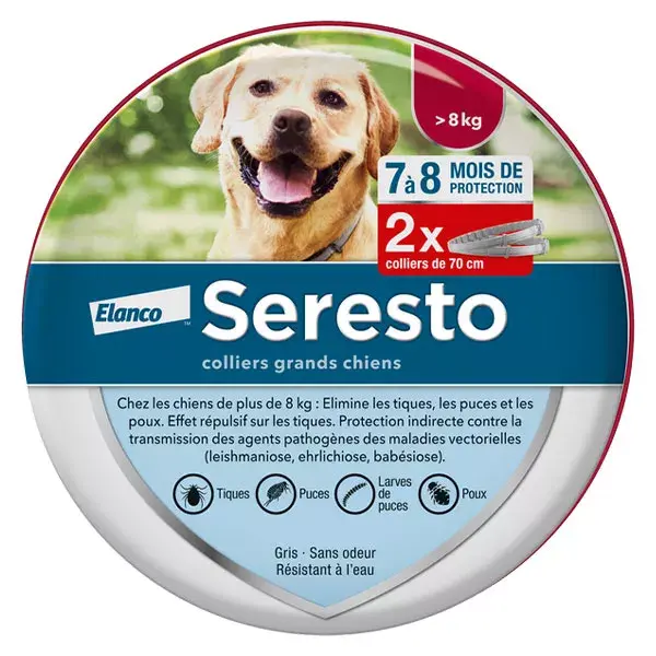 Coleira Seresto para cães grandes com proteção contra pulgas e carrapatos (+8kg), 2 unidades.
