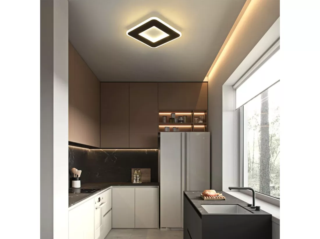 NETTLIFE Plafonnier LED 23W noir 24cm lampe de cuisine blanc chaud design moderne lampe de chambre carré couloir pour salon