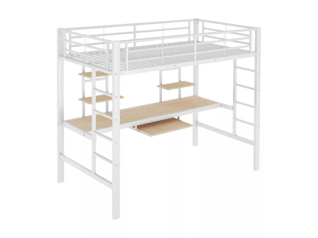 Lit mezzanine 90 x 200 cm avec bureau et 2 étagères - Métal - Sommier à lattes - Blanc (sans matelas)