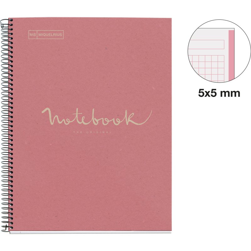 Notebook Eco Emotions, Carton recyclé, A4, quadrillage 5x5 mm, 80 feuilles de 1 couleur, Miquelrius, Rose.