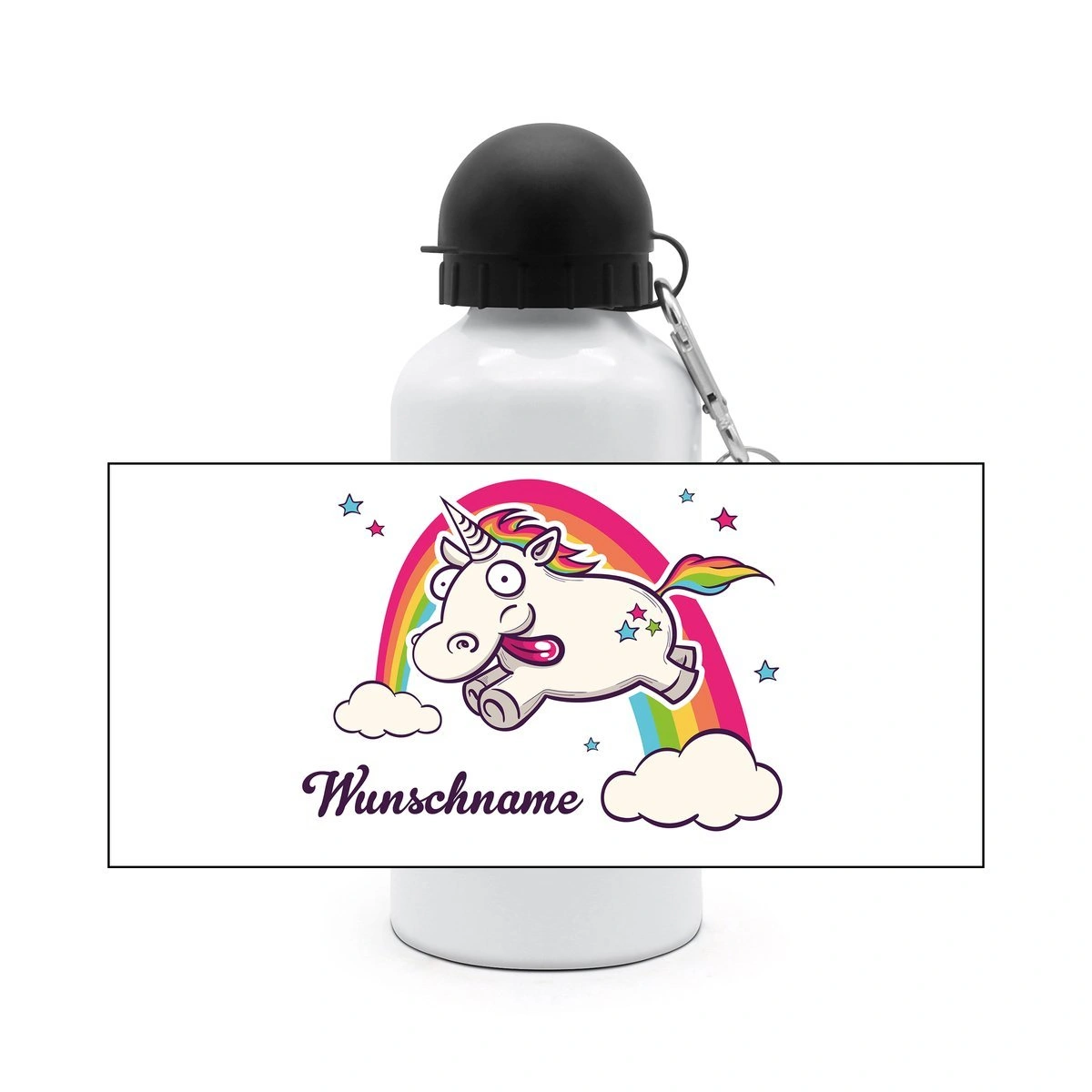 Alu-Trinkflasche mit Namen, 500 ml, weiß (Motiv: Einhorn)