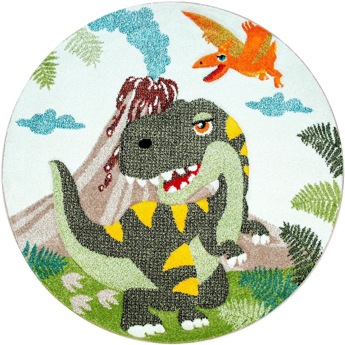 Paco Home Kinderteppich »Diamond 636« rund 18 mm Höhe 3D-Design, Motiv Dinosaurier, Kinderzimmer