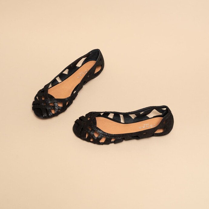 Ballerines ajourées en croûte  laminée noire