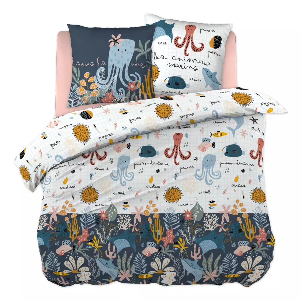 Housse de couette et deux taies enfant coton (240 x 220 cm) Octopia Multicolore
