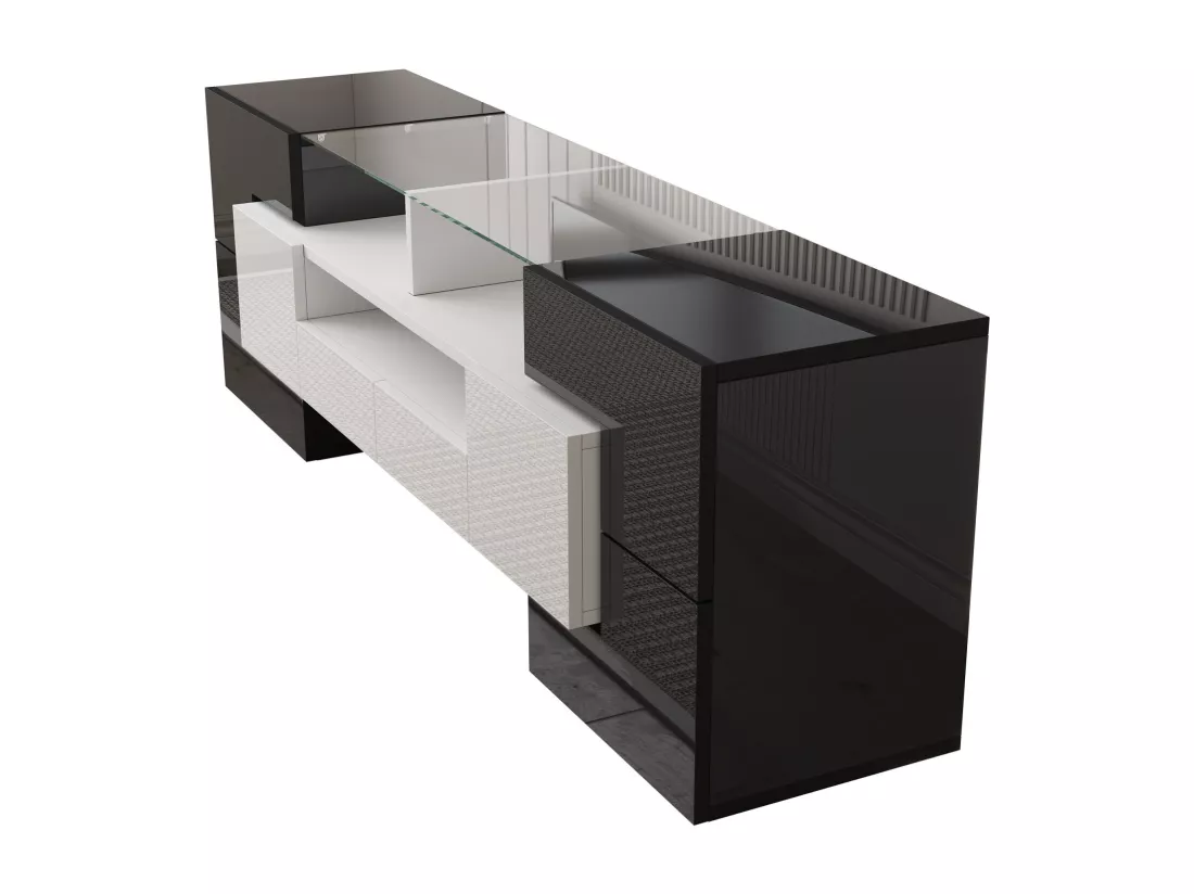 Meuble TV 2 tiroirs 6 portes et 3 niches, avec LEDs, charge max 60kg, Noir+Blanc, 145x30x51cm