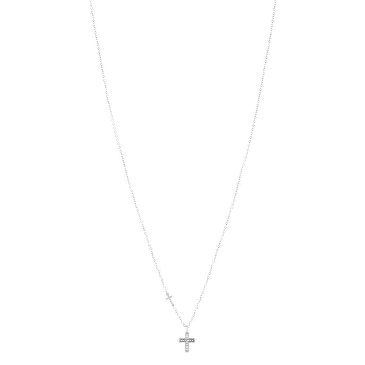 Collier or blanc 375, motif croix, diamants. Longueur 45 cm