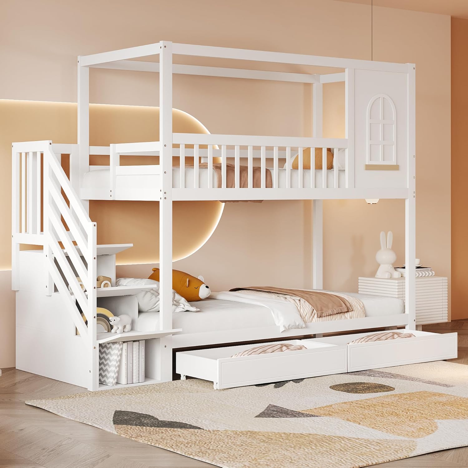 Etagenbett Kinderbett 90x200 für 2 Kinder, Hausbett Hochbett mit Treppe & 2 Stauraum Schubladen, Holzbett Bettgestell mit Rausfallschutz und Lattenrost, Kiefer Rahmen, Ohne Matratze (Weiß)