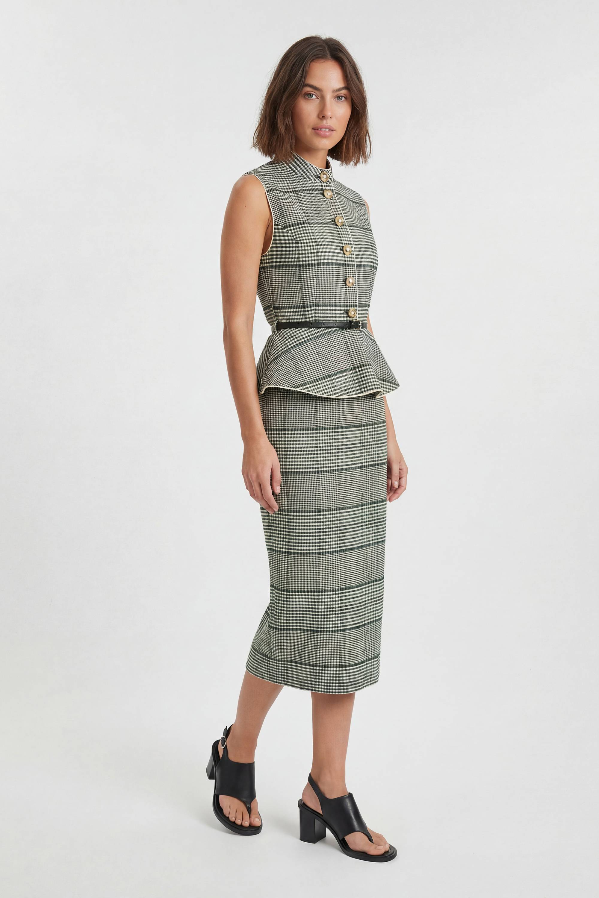 KarenMillen Robe Midi Cintrée À Carreaux Avec Basque Et Ceinture
