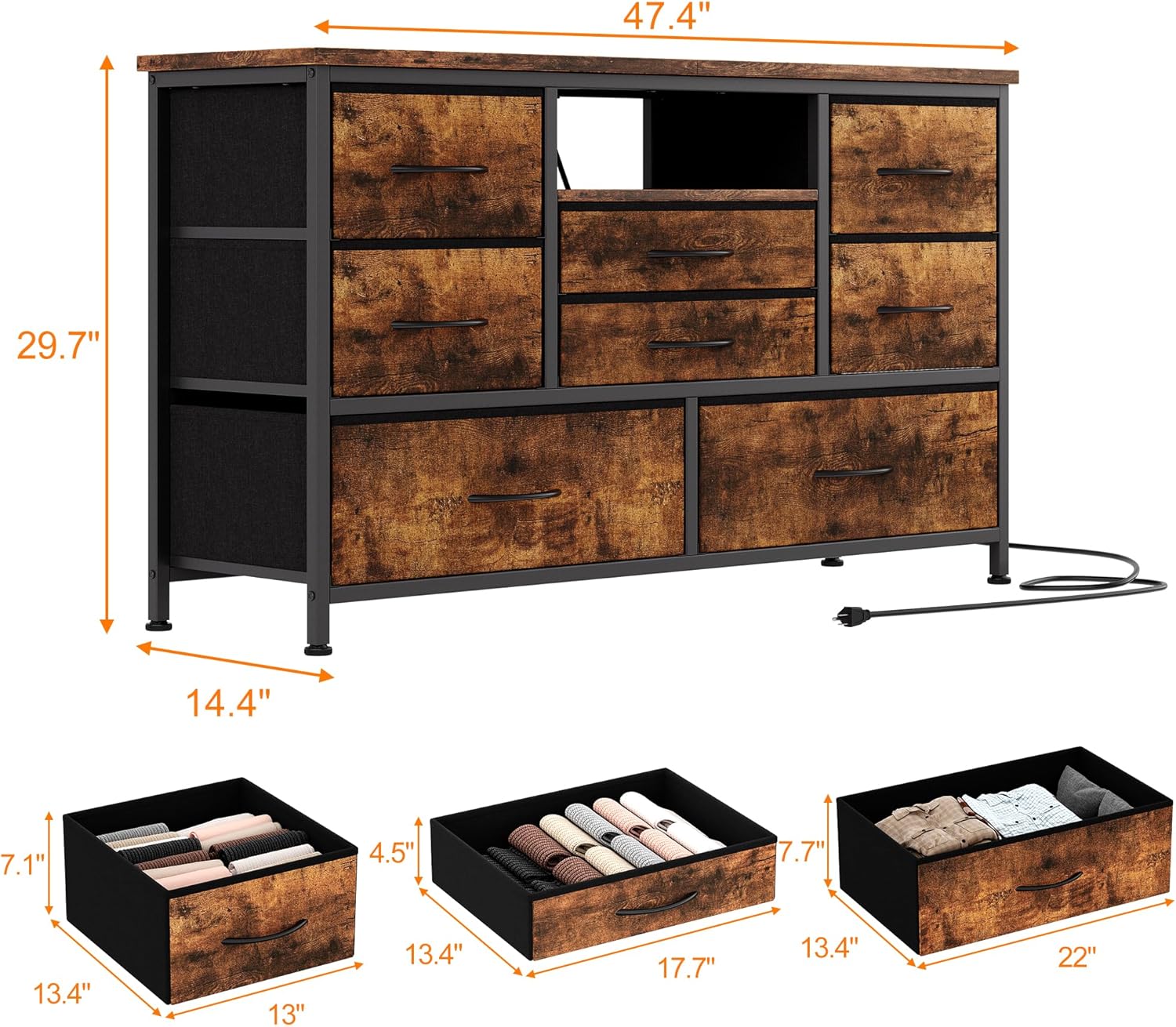 TV-Schrank mit Steckdosen, Kommode mit 8 Schubladen, 2 AC-Steckdosen & 2 USB-Anschlüssen, breiter Fernsehtisch für Wohnzimmer und Schlafzimmer（Tigerstreifen）