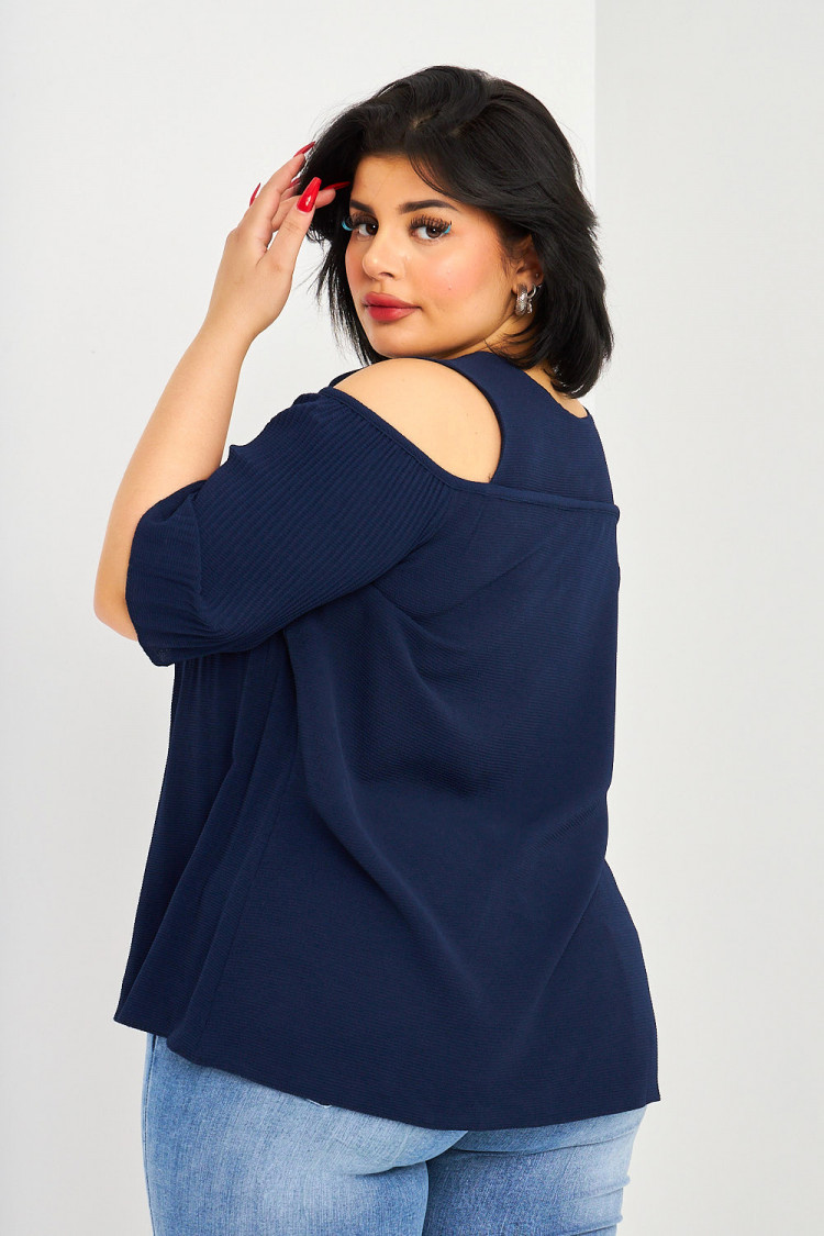 Blouse bleue épaules dénudées plissé