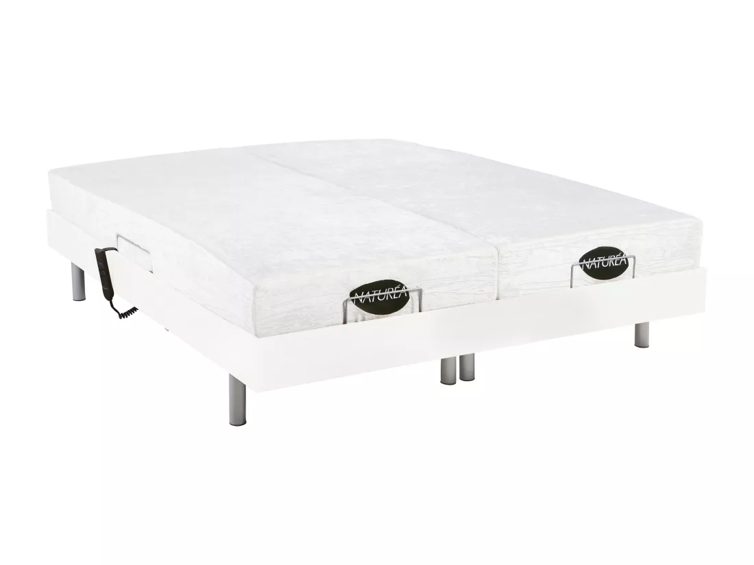 Lit électrique de relaxation tout plots + matelas mémoire de forme et bambou - 2 x 80 x 200 cm - Blanc - LYSIS III de NATUREA