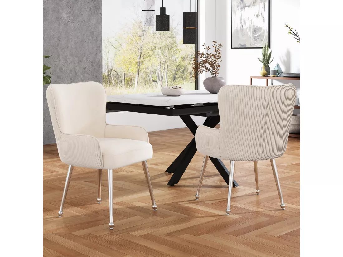 Lot de 6 chaises avec accoudoirs et pieds réglables, Velours et métal, soutien lombaire, Beige