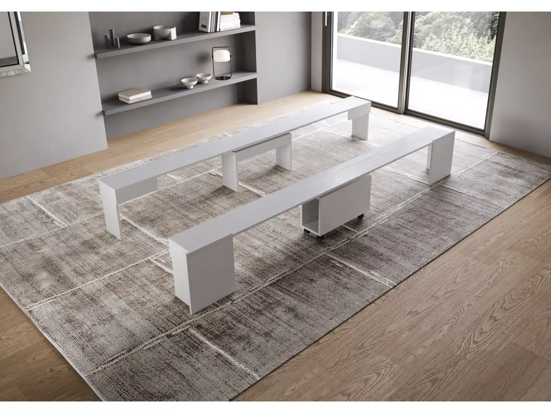 Console extensible 90x42/302 cm Evolve Frêne Blanc rallonges internes avec bancs inférieur et supérieur