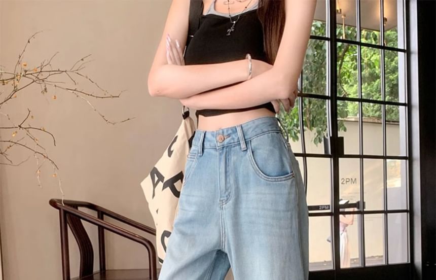 Wisjam - High Rise Washed Cropped Wide Leg Jeans
