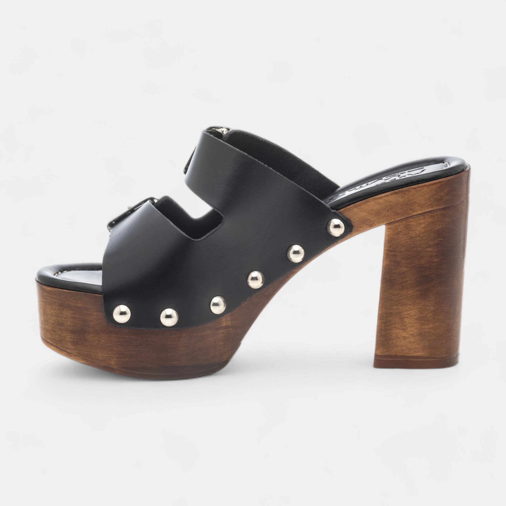 Chaussures semelle bois à talon Femme en cuir noir