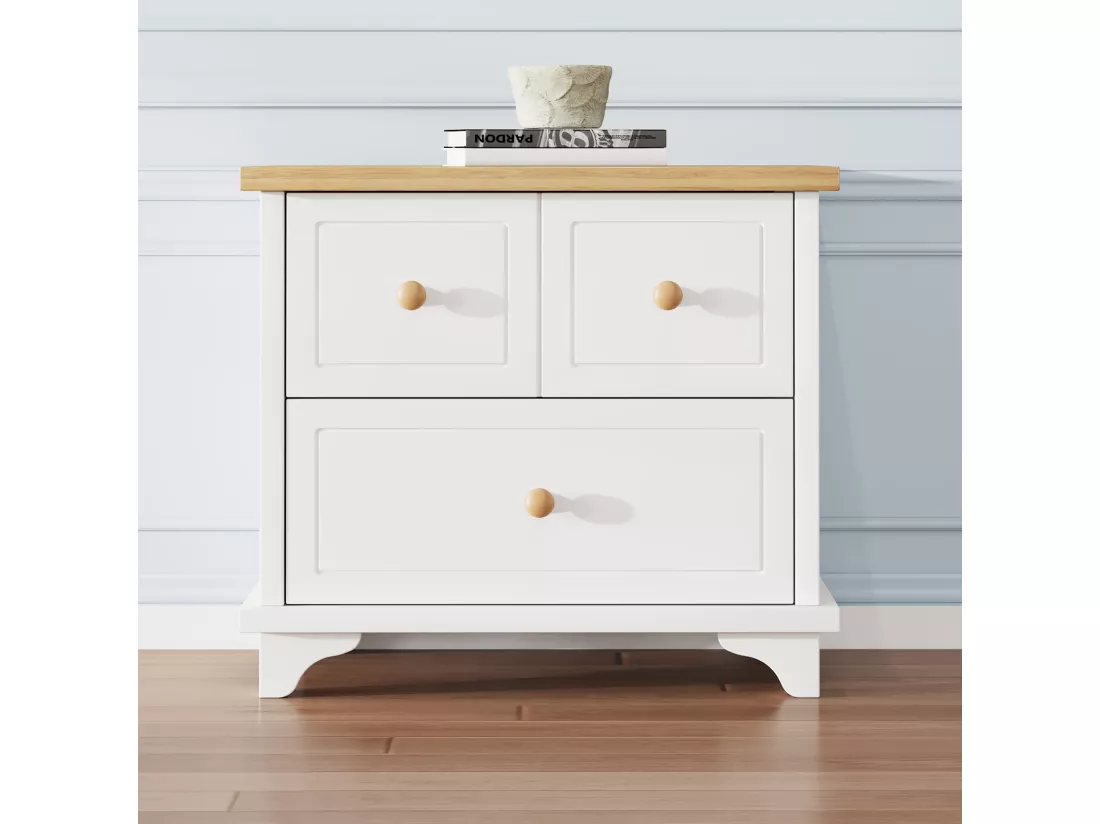 Table de chevet avec 2 tiroirs - 60 x 40 x 51.5 cm - pieds de belle facture - MDF+aggloméré - blanc+naturel