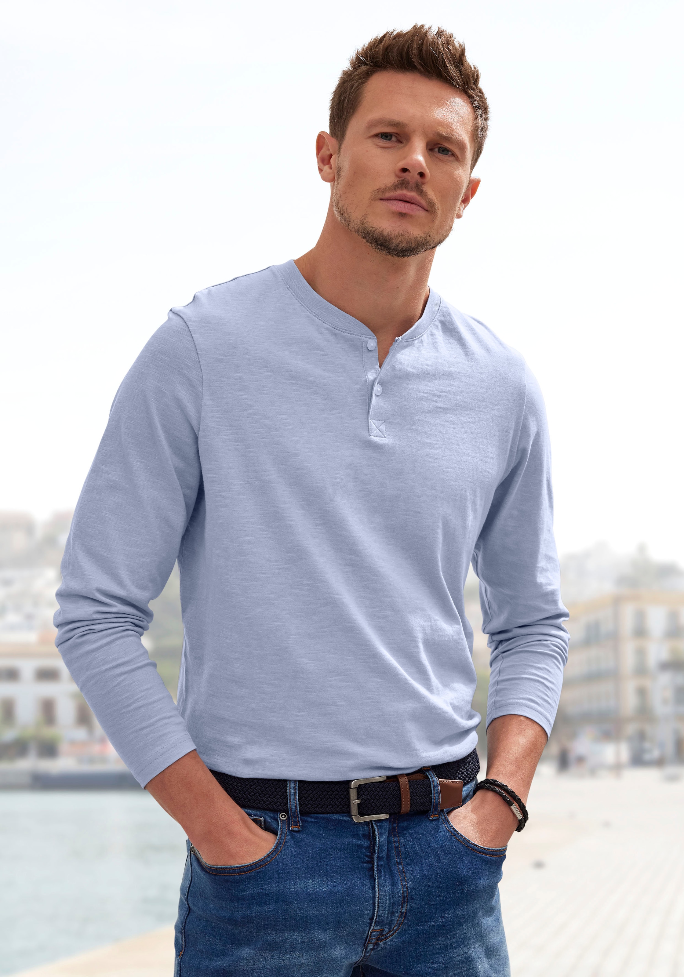 H.I.S Langarmshirt »- Henleyshirt langarm«, Langarm, Shirt mit Knopfleiste aus strukturierter Baumwoll-Qualität