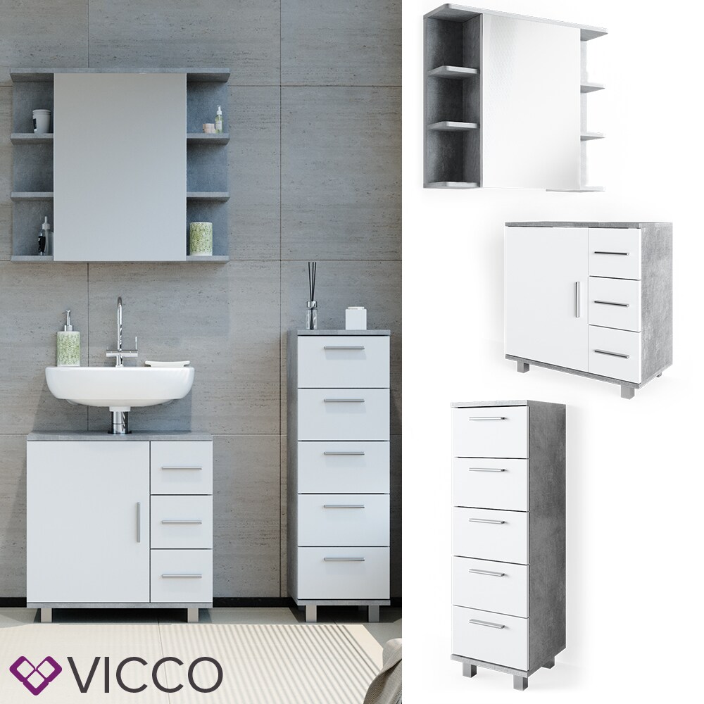 VICCO Badmöbel Set ILIAS Weiß Beton Bad Spiegel Kommode Unterschrank Badschrank