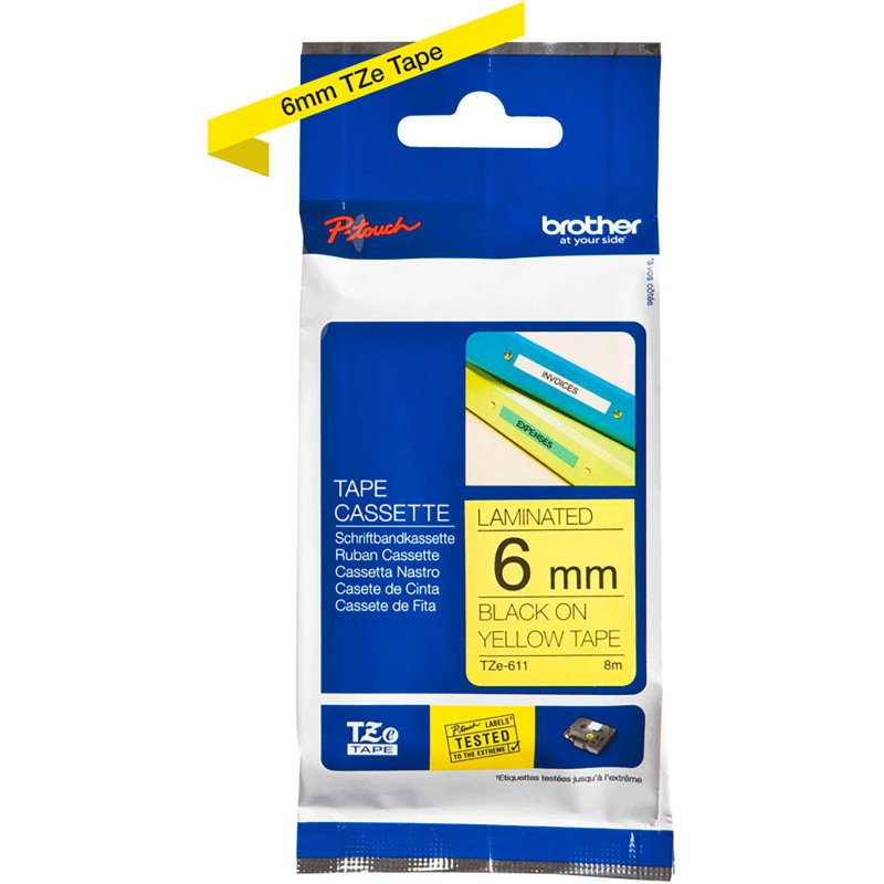 Ruban laminé Brother 6 mm TZE 611 jaune écriture noire