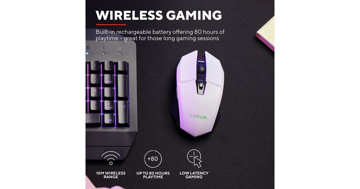 TrustGXT 110 Felox verlichte draadloze gaming muis  (Wit, RGB | 800 - 4800 dpi)