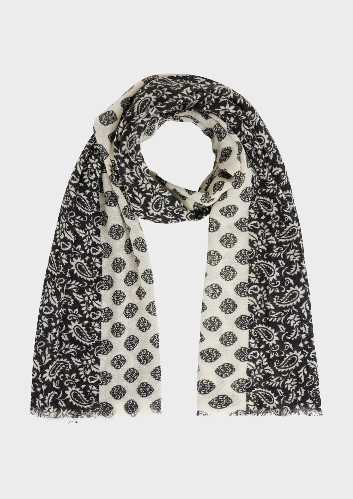 Echarpe en laine blanche à motif cachemire noir