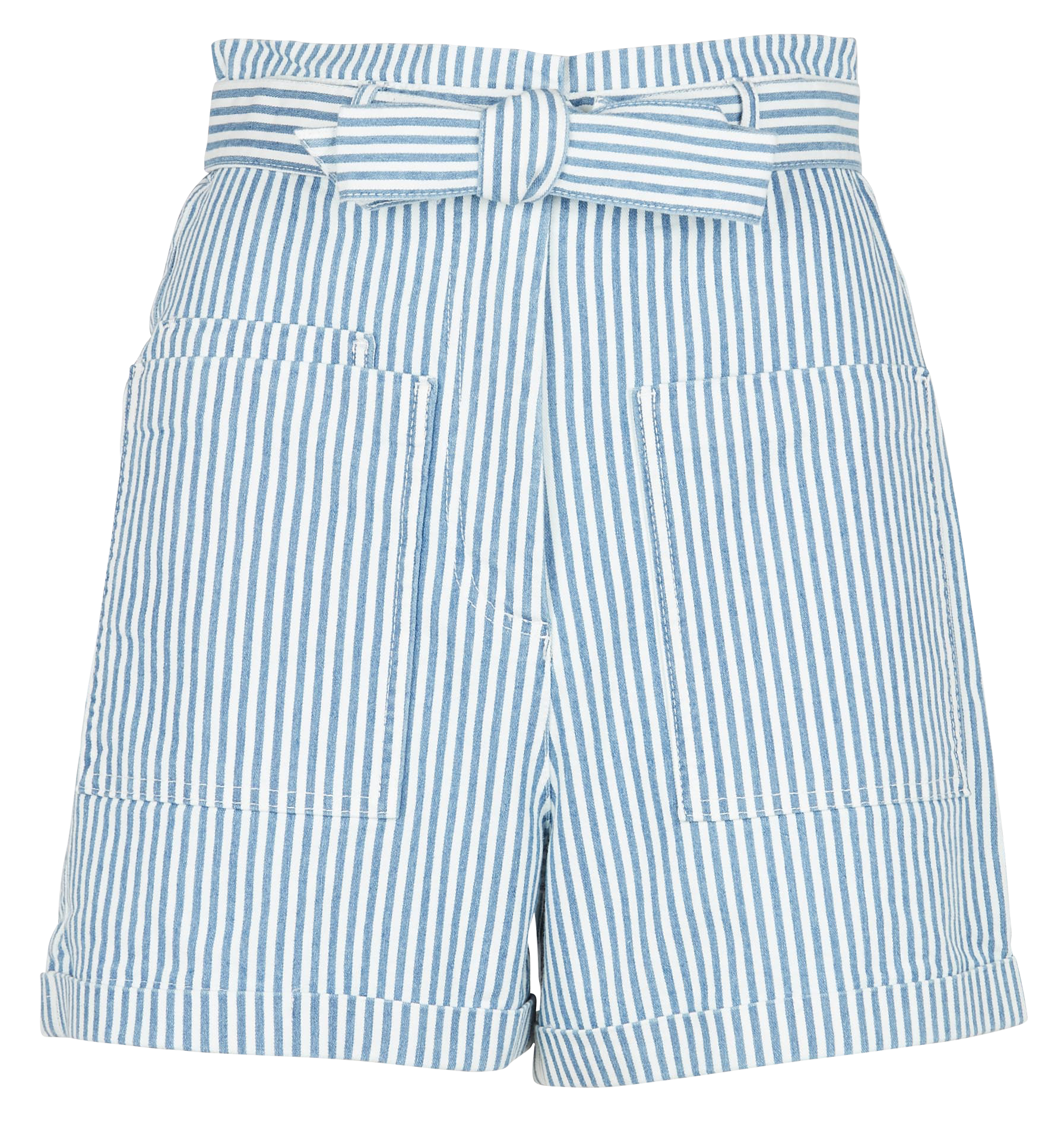 Short taille haute rayé en coton mélangé| Bleu