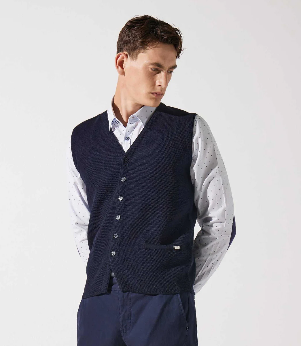 Gilet boutonné sans manches marine en mérinos